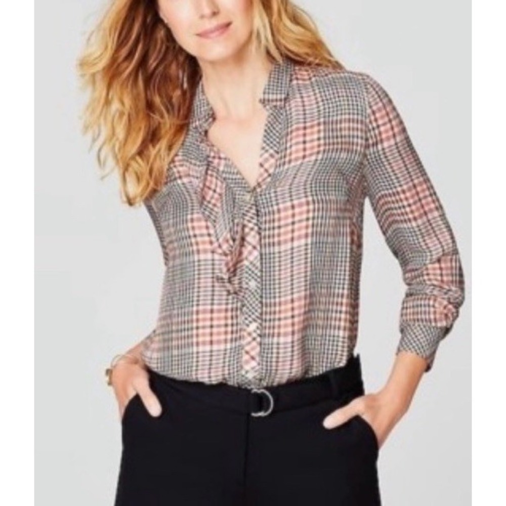 J. Jill Women's L Glen Check Plaid Ruffled Button-Front Blouse Rayon Long Sleeve